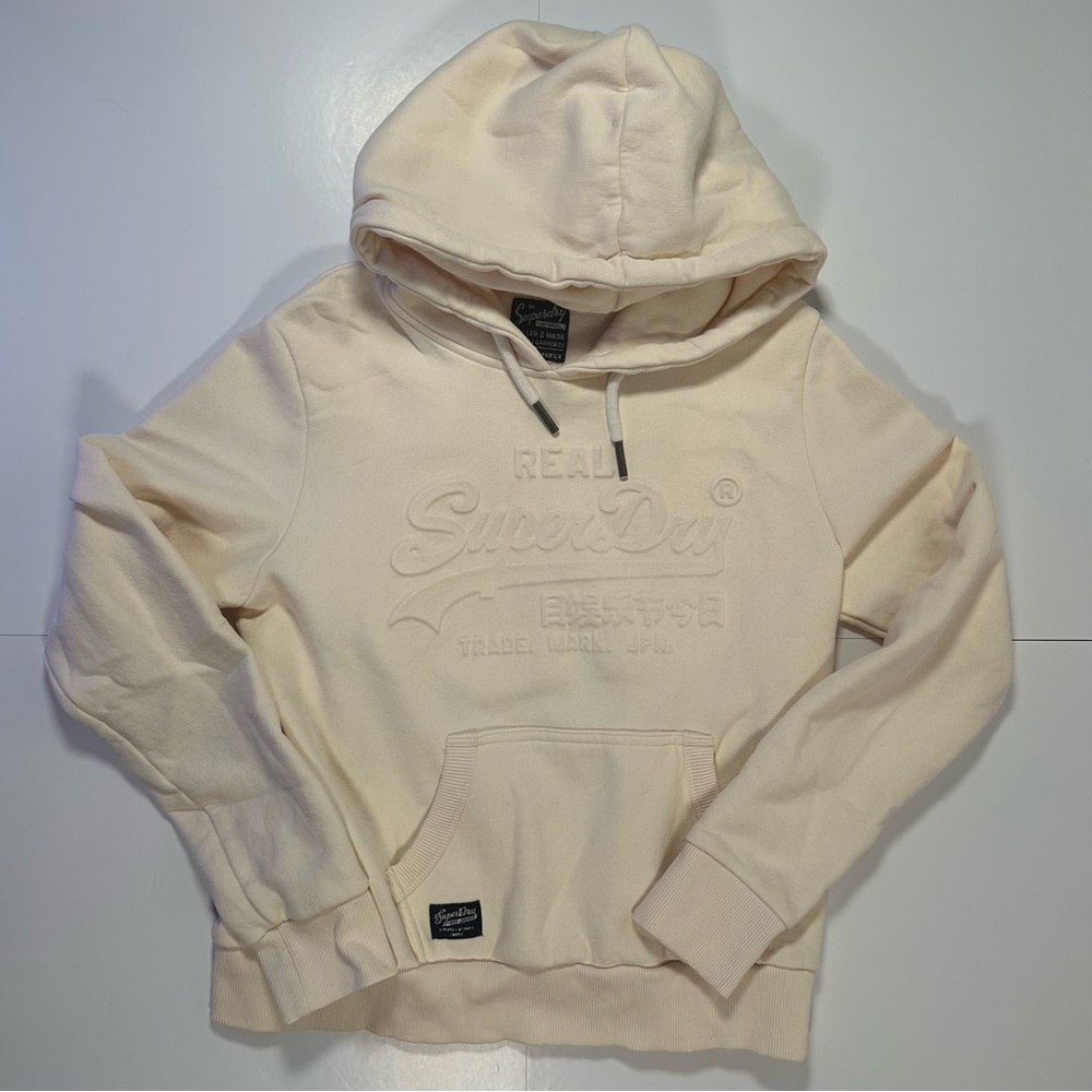 Superdry Real SuperDry Hoodie Cream Pullover Embossed Logo Sweatshirt